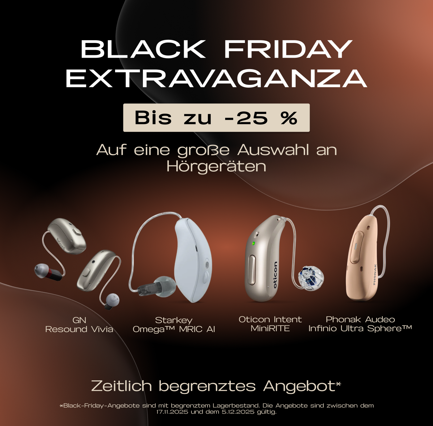 Banner Black Friday mit bis zu 15 % Rabatt und Hörgeräten von Starkey, GN Resound, Oticon und Phonak