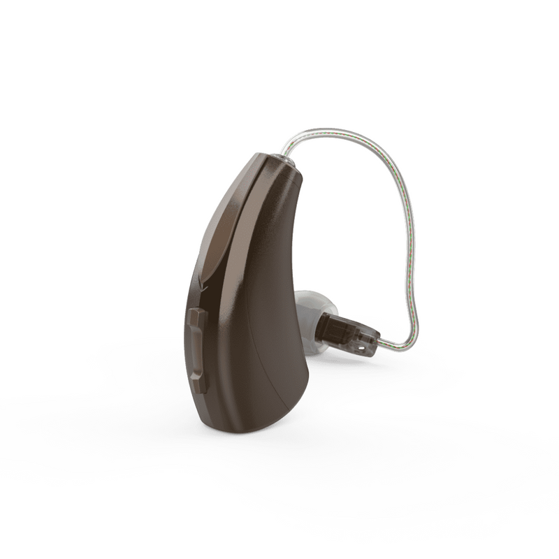 Ein einzelner brauner ästhetischer Starkey Evolv AI RIC R Hörgeräte mit einem Zoom auf das Produkt