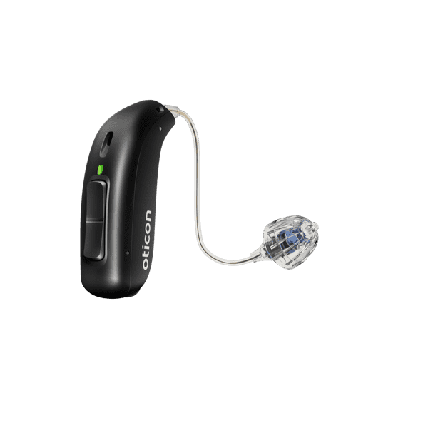 Oticon More Hörgerät, Modell miniRITE R, Links-Rechts-Ohr-Hörgerät, Farbe Schwarz, LED grün, Lautsprecher 60, Open Bass Kuppel Hörgeräte mit Auzen unbegrenztem Service