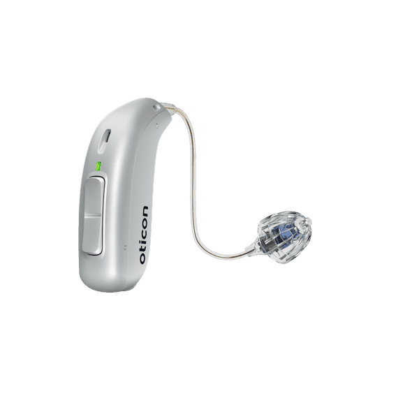 Oticon More Hörgerät, Modell miniRITE R, Hörgeräte für das linke und rechte Ohr, Farbe Silber, LED grün, Lautsprecher 60, Open Bass Kuppel Hörgeräte mit Auzen unbegrenztem Service