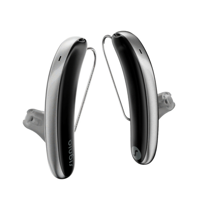 Ein Paar schwarz-silberne Signia Styletto 3AX/7AX Hörgeräte